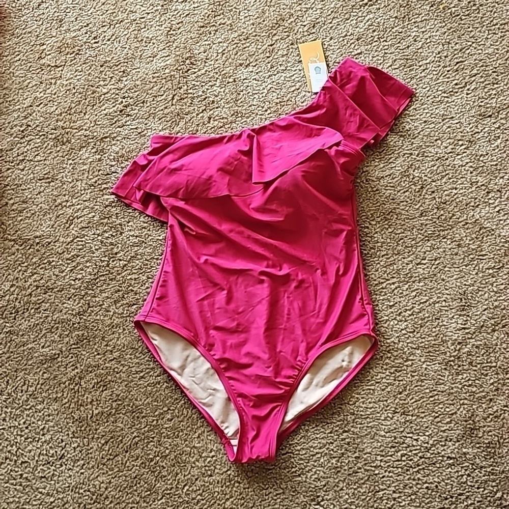 Kona Sol One Piece Swimsuit Pink One Shoulder Ruffle Medium